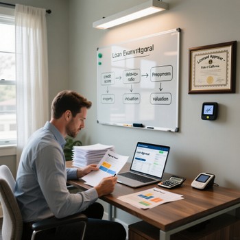 Man focused on laptop in an office, reviewing documents related to conventional loan appraisals and requirements.  