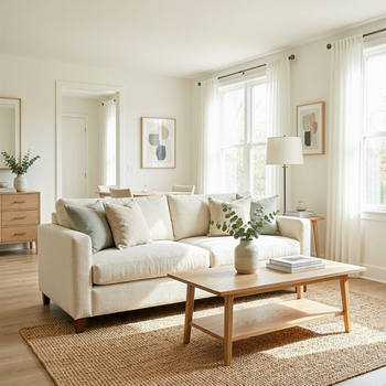 A bright living room featuring a white couch and a wooden table, creating a clean and inviting atmosphere. 