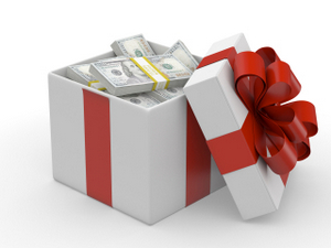 A gift box with a red ribbon filled with dollar bills, symbolizing a generous monetary gift for a home inspector.