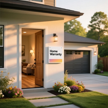 Home warranty sign displayed in front of a house, indicating coverage for home repairs and maintenance services.  