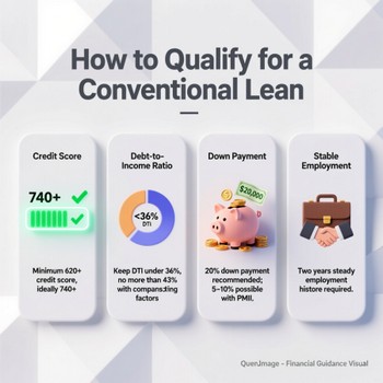 Steps to qualify for a conventional loan, including credit score, income, and debt-to-income ratio requirements.
