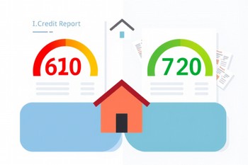 A credit report next to a house, highlighting the role of credit in securing a mortgage.